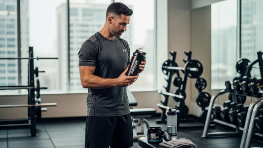 Fitness enthusiast preparing for a workout with Pre Grow pre-workout supplement in a gym setting