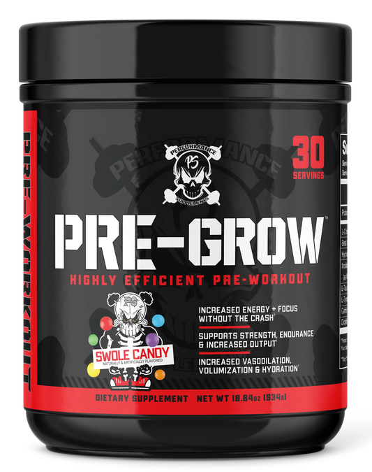 Black container of pre-workout supplement labeled "PRE-GROW" with detailed nutrition information.