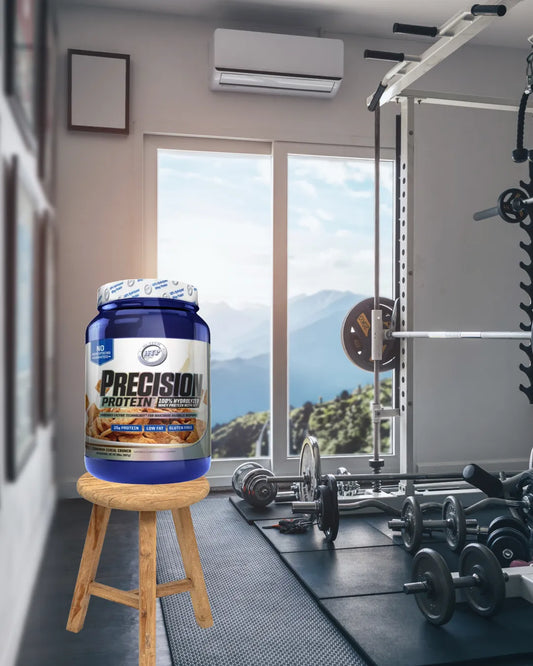 Protein supplement container on a stool in a modern gym setting.